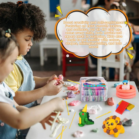 Children sculpting with Polymer Clay Starter Kit With 60 Colors For Kids And Artists, Non Sticky Oven Bake Modeling Clay on a table.