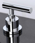Manhattan Widespread Bathroom Faucet With Pop Up Drain In Polished Chrome, sleek modern handle on black countertop