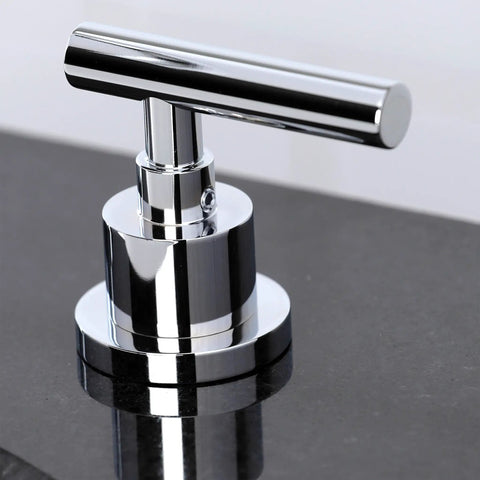 Manhattan Widespread Bathroom Faucet With Pop Up Drain In Polished Chrome, sleek modern handle on black countertop