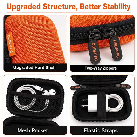 Solid Orange Mini Hard Shell Earbud Case Portable Rectangle Carrying Pouch with upgraded zippers and mesh pocket.