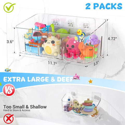 Two Pack Extra Large Bath Toy Storage Bin With Three Quick Drying Compartments Hella Spacious Design Keeps Rubber Ducks And Squirters Securely Stowed Away Total Bathtime Game Changer