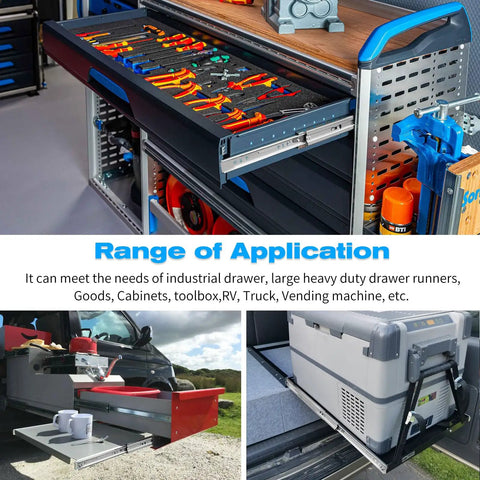 Heavy Duty Full Extension Drawer Slides Side Mount Ball Bearing Rails 12 to 40 Inch 220 Lb Capacity No Lock Pair in cabinets
