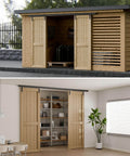 12 Ft Ceiling Mount Box Rail Barn Door Hardware Kit Beefy Heavy Duty Steel Sliding Track For Interior And Exterior Double Doors Easy Install Black Powder Coated Rail Hangers Durable Construction Built To Last And Handle Heavy Use shown in an exterior wooden shed and interior home setting with sliding doors.