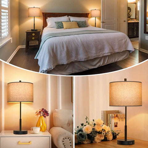 Set Of 2 Tall Touch Control Lamps With USB Ports, 3 Way Dimmable Bedside Nightstand Lights, 22.5 Inch Tall With Beige Fabric Shades