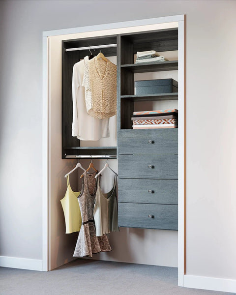 Fully Assembled Grey Closet Organizer Kit With Double Hanging Rods, Shelves, And Drawers As A 54 Inch Corner Unit with clothes and drawers.
