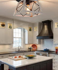 Rustic Farmhouse Flush Mount Ceiling Light Fixture With Wrought Iron Oak White Accents And ORB Details in kitchen