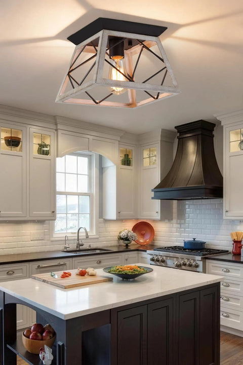 Rustic Farmhouse Flush Mount Ceiling Light Fixture With Wrought Iron Oak White Accents And ORB Details in kitchen