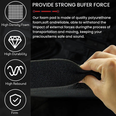 Four Pack Gun Case Foam Inserts Precut Black Foam Padding 16 By 12 By 2 Inch With Precisely Scored Grids For Easy Custom Compartments Protect Firearms Electronics Tools And Gear With Dope Shock Absorption. Black polyurethane foam pad being pressed for rebound