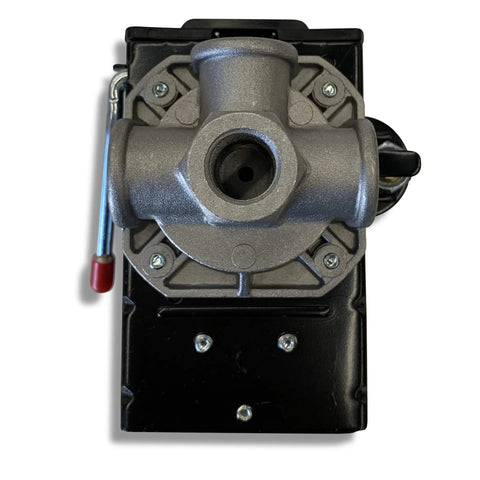 Front view of Beefy 25 Amp Pressure Switch For Air Compressors With 95 To 125 Psi Range And Four Port Connection Includes Unloader And On Off Lever