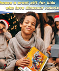Child holding 2 In 1 Dinosaur Mech Building Kit With 422 Pieces, Transform From Fierce Dino To Jet, festive background