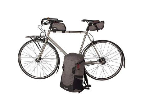 Ride Ready Top Tube Frame Bag 1L Gas Tank Style Bike Bag With Waterproof Zippers on urban bike, backpack beside it