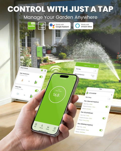 Smartphone app for WiFi Water Timer For Garden Hose And Sprinkler System With Smart Valve, Automatic Drip Irrigation, Rain Delay.