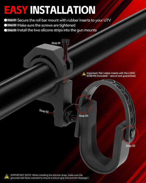 Installation guide for Adjustable 2 Pack Utv Gun Rack With Slick Protective Foam Mount, showing steps and components.