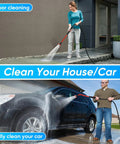 Person using 2 In 1 Bendable Watering Wand For Garden And Car Cleaning, Heavy Duty Sprayer with 29 Inch Reach on floor and car.