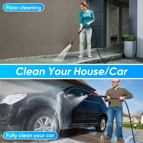 Person using 2 In 1 Bendable Watering Wand For Garden And Car Cleaning, Heavy Duty Sprayer with 29 Inch Reach on floor and car.