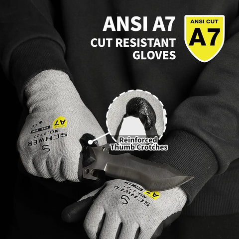 Heavy Duty Cut Resistant Work Gloves For Woodworking And Construction With ANSI A7 Protection showing reinforced thumb and knife