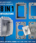 Weatherproof 1 Gang Exterior In Use Outlet Cover And Box Kit With Lockable Extra Duty Metallic Box For Outdoor Use Horizontal Or Vertical Install Includes Gasket Mounting Hardware Closure Plugs Self Threading Ground Screws Bubble Cover