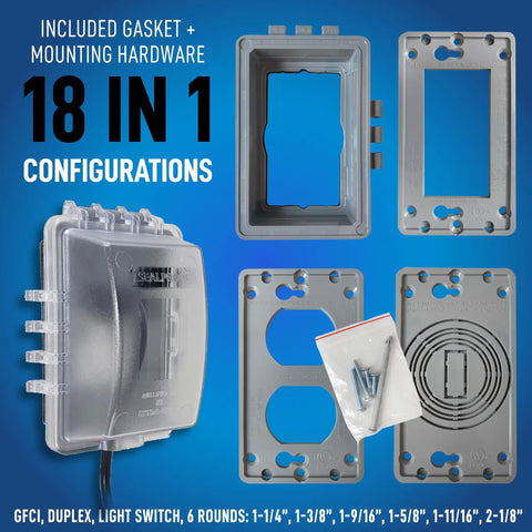 Weatherproof 1 Gang Exterior In Use Outlet Cover And Box Kit With Lockable Extra Duty Metallic Box For Outdoor Use Horizontal Or Vertical Install Includes Gasket Mounting Hardware Closure Plugs Self Threading Ground Screws Bubble Cover