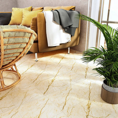 Black Marble Peel And Stick Floor Tiles 12x12 Inch Self-Adhesive Vinyl Flooring in living room with sofa and plant.