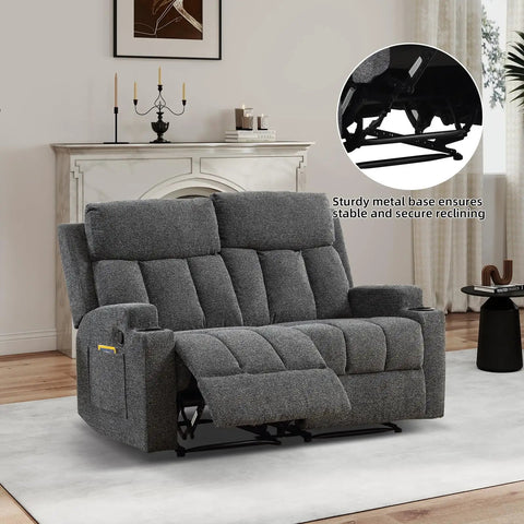 Two Seat Manual Recliner Sofa Set With Cozy Fabric Comfort, Built In Side Pockets And Cup Holders, Home Theater Vibe Couch, Dark Grey