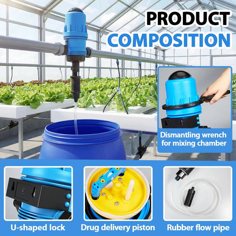 Fertilizer Injector For Drip Irrigation Three Quarter Inch NPT With Adjustable 0.4 To 4 Percent Water Powered Dosing Pump shown in greenhouse setup