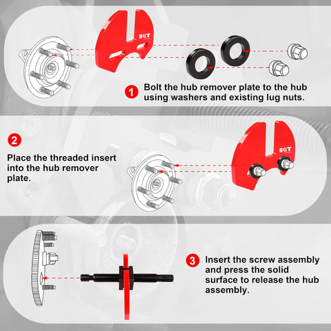 Diagram of Wheel Hub Removal Tool Set For Cars And Trucks Compatible With 5, 6, And 8 Lug Hubs Non Destructive Hub Removal Kit usage instructions
