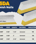 Pro Grade Galvanized Finish Nails Bulk Pack With Rust Resistant Coating For Heavy Duty Woodworking 34 Degree Angled Design Fits Standard Nailers 900 Piece Mix displayed with detailed specifications.