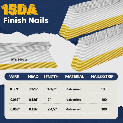 Pro Grade Galvanized Finish Nails Bulk Pack With Rust Resistant Coating For Heavy Duty Woodworking 34 Degree Angled Design Fits Standard Nailers 900 Piece Mix displayed with detailed specifications.
