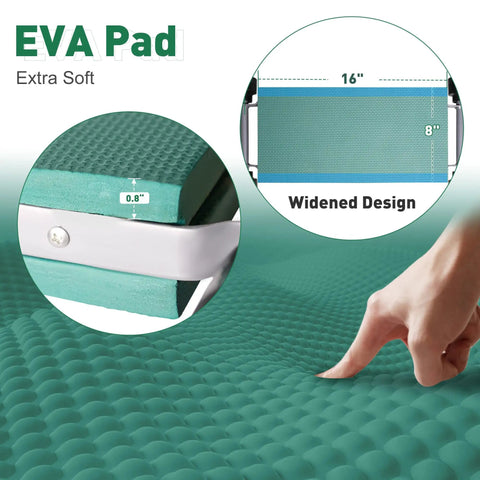 Close-up of Two In One Garden Kneeler And Seat Bench with 8 inch wide EVA foam pad and 16 inch design detail for comfort.