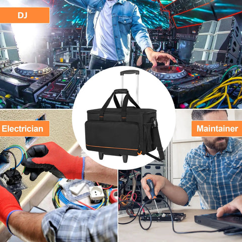 Rolling DJ Cable Bag With Hard Padded Bottom Detachable Dividers And Dolly Travel Gig Case for pro DJ gear and accessories