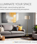 Living room with Antique Brass Floor Lamp With Oatmeal Linen Shade, Adjustable Height Up To 65.5 Inches beside grey sofa.