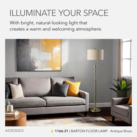 Living room with Antique Brass Floor Lamp With Oatmeal Linen Shade, Adjustable Height Up To 65.5 Inches beside grey sofa.