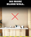 Bathroom vanity with products on counter, blank wall with red X symbol and 'No More Blank Wall' text above, GripIt branding on bottom.