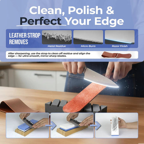 Beast All In One Knife Sharpening Stone Set With Dual Grit Whetstones 400 1000 And 3000 8000, showing knife on leather strop.