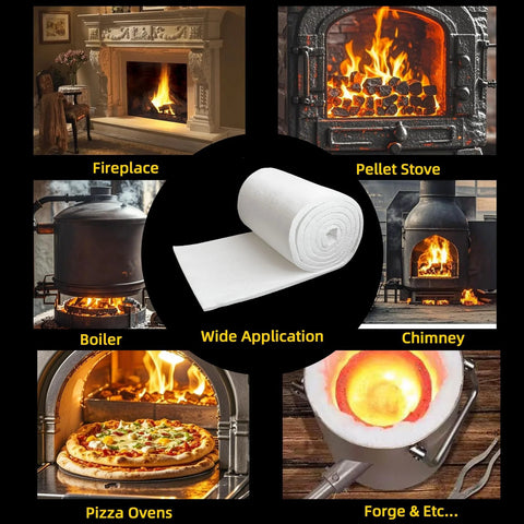 Ceramic fiber blanket roll, white, 48x16x1 in, 2400°F high-temperature insulation for stoves and chimneys.