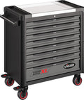 Heavy Duty Workshop Rolling Tool Cabinet With 8 Deep Drawers And Full Mechanic Toolkit Including Sockets Drivers Pliers Spanners Stainless Steel Worktop Lockable Mobile Auto Shop Service Rig, close-up view of drawers.