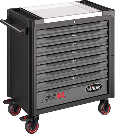 Heavy Duty Workshop Rolling Tool Cabinet With 8 Deep Drawers And Full Mechanic Toolkit Including Sockets Drivers Pliers Spanners Stainless Steel Worktop Lockable Mobile Auto Shop Service Rig, close-up view of drawers.