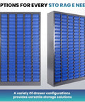 Tough As Nails Heavy Duty Parts Organizer Cabinet With 75 Drawers And Clear Label System, two angles of cabinet with blue drawers.