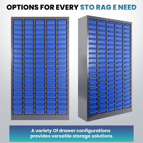Tough As Nails Heavy Duty Parts Organizer Cabinet With 75 Drawers And Clear Label System, two angles of cabinet with blue drawers.