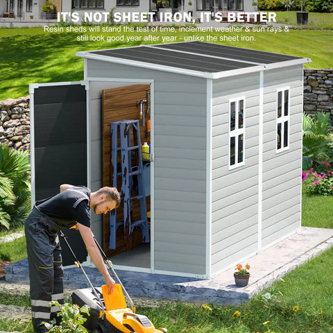 4x8 Foot Resin Lean To Shed With Floor, Waterproof Outdoor Storage Shed, Lockable Door And Window, Plastic Tool Shed, Grey
