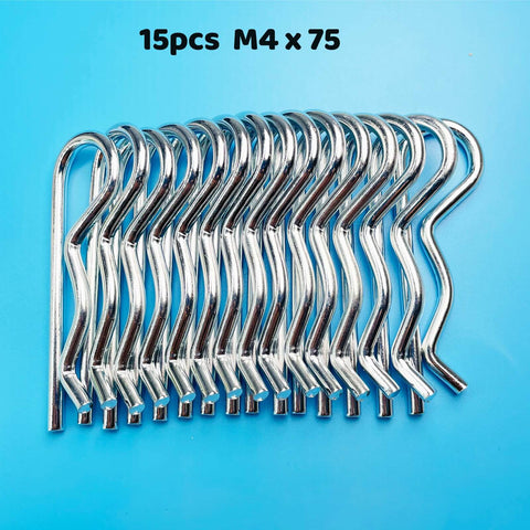 15 Piece Heavy Duty Cotter Pins Set M4 By 75mm Locking Hitch Pin Clips Galvanized Carbon Steel R Type on blue background