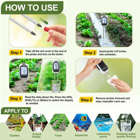 How to use 7 In 1 Soil Tester Kit With Backlit LCD for garden and indoor plants, showing steps on measuring soil parameters.