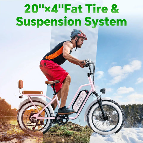 Two Seater Fat Tire Electric Bike With 1300W Peak Motor, 48V 20Ah Large Removable Battery 960Wh, Up To 80 Miles Range, 30 Plus MPH, 20 Inch By 4.0 Inch Fat Tires For Adults, Pink, side view with rider