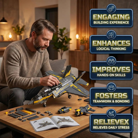 F-35B Lightning II Fighter Jet Building Blocks Set With 1268 Pieces Realistic Military Aircraft Display Model being assembled