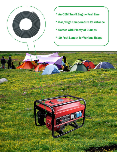 Beefy 10 Foot Fuel Hose Three Sixteenth Inch ID Non Pressurized Line connected to a red generator in a campsite