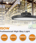 2 Pack UFO LED High Bay Lights for Barn Garage Warehouse Basement Workshop Wet Location 150W 21000LM 6000K Equivalent to 400W HID with Hanging Chain Safe Rope 6ft Power Cable and Plug in warehouse