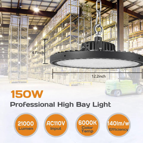 2 Pack UFO LED High Bay Lights for Barn Garage Warehouse Basement Workshop Wet Location 150W 21000LM 6000K Equivalent to 400W HID with Hanging Chain Safe Rope 6ft Power Cable and Plug in warehouse