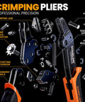 Exploded view of crimping pliers showing components and ergonomic handle, labeled for precision, focus on Crimping Tool Kit For One Point Five Millimeter Waterproof Automotive Connectors 22-14 AWG Ratchet Crimper With Terminal Removal Tools For Car Motorcycle Boat 1/2/3/4/5/6 Pin Pro Grade Ergonomic.