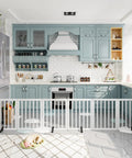 Modern kitchen with Extra Wide Wooden Dog Gate For Doorways 110 Inches Freestanding With 4 Support Stands, Foldable Indoor Pet Gate