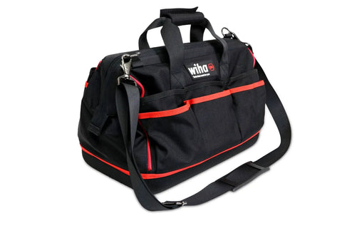 Black and red Cordura bag for Insulated 66 Piece Tool Set With Pliers Cutters Nut Drivers Screwdrivers T Handles Knife Sockets Three Eighths Inch Drive Ratchet And Adjustable Wrench Pro Grade Electrician Kit.